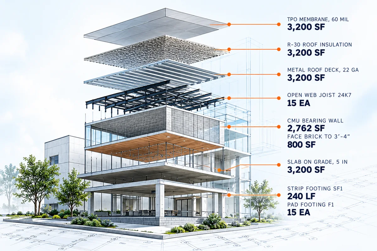 A building drawn in layers, each layer labelled with its measured quantity: roof membrane 3,200 SF, open web joists 15 EA, bearing wall 2,762 SF, slab on grade 3,200 SF, strip footing 240 LF