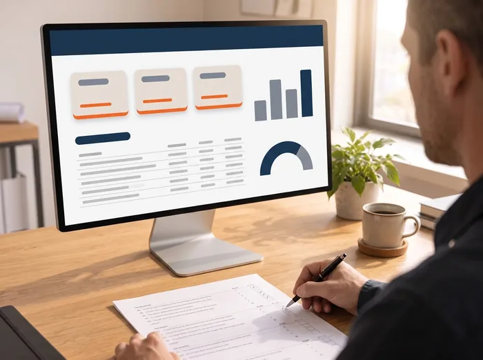The delivered Project Overview open on screen and a printed page being checked at the desk