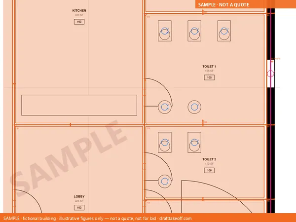 Where We Measured, close up: partitions traced, rooms shaded, each fixture circled and counted